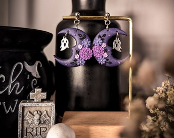 Haunted Flowers Moon earrings | Enchanted Garden collection | Halloween ghost stainless steel plated unique polymer clay jewelry mystical