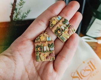Nature Witch Bookshelf earrings | cottagecore moon spells mushroom stainless steel plated unique polymer clay jewelry Herbalist botanical
