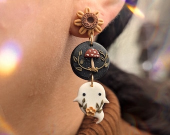 Enchanted autumn earrings | dark cottagecore moon phase ghost stainless steel polymer clay jewelry gothic sunflower mushroom