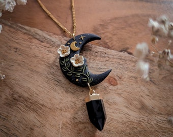 Mystical dark forest Moon necklace | Dark cottagecore witch collection | flowers mushroom stainless steel plated unique polymer clay jewelry