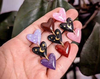 Dangles celestial hearts rain earrings / Valentine’s Day Polymer clay, romantic, stainless steel, gift, magic, unique, handmade, Lightweight