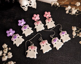 Cute Flower Ghost earrings | Enchanted Garden collection | Halloween stainless steel plated unique polymer clay jewelry mystical spooky