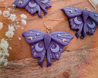 Purple Mystical Moth Earrings |  Dark cottagecore collection | stainless steel plated unique polymer clay jewelry Nickel Free Hypoallergenic