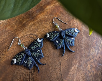 Dark forest Moth Earrings |  Dark cottagecore collection | stainless steel plated unique polymer clay jewelry Nickel Free Hypoallergenic