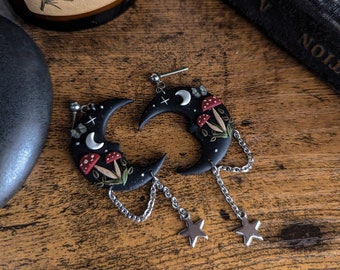 Mystical mushroom Moon earrings | Dark cottagecore witch collection | flowers dark forest stainless steel plated unique polymer clay jewelry