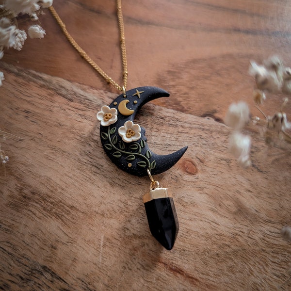 Mystical dark forest Moon necklace | Dark cottagecore witch collection | flowers mushroom stainless steel plated unique polymer clay jewelry