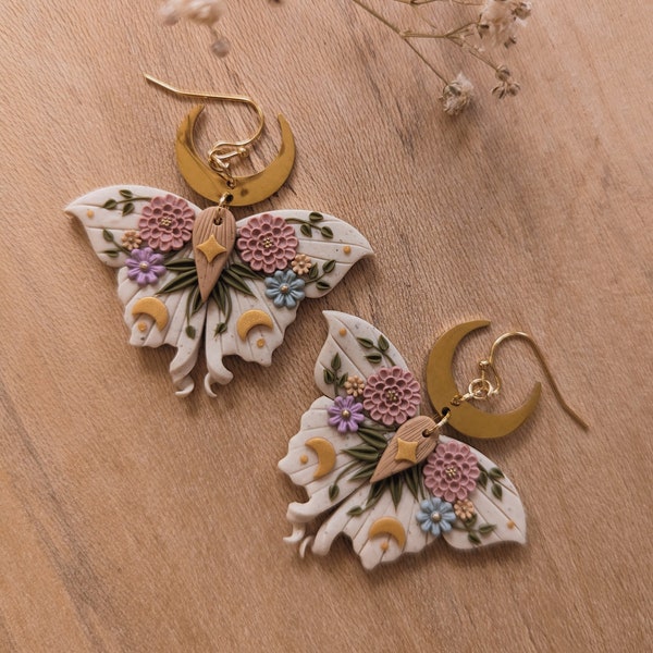 Spring Flowered Moth earrings | sweet cottagecore collection | flowers stainless steel plated unique polymer clay jewelry fairy moon