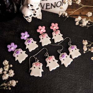 Cute Flower Ghost earrings | Enchanted Garden collection | Halloween stainless steel plated unique polymer clay jewelry mystical spooky