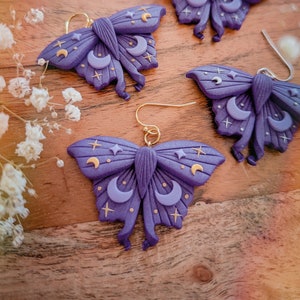 Purple Mystical Moth Earrings |  Dark cottagecore collection | stainless steel plated unique polymer clay jewelry Nickel Free Hypoallergenic