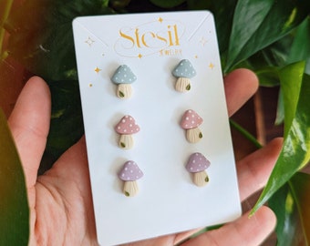 Spring cottagecore stud | mini mushroom earrings | minimal stainless steel plated polymer clay jewelry sensitive ears butterfly fairy unique