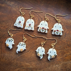 Flowery ghost earrings | dark cottagecore moon phase ghost stainless steel plated unique polymer clay jewelry gothic sunflower mushroom