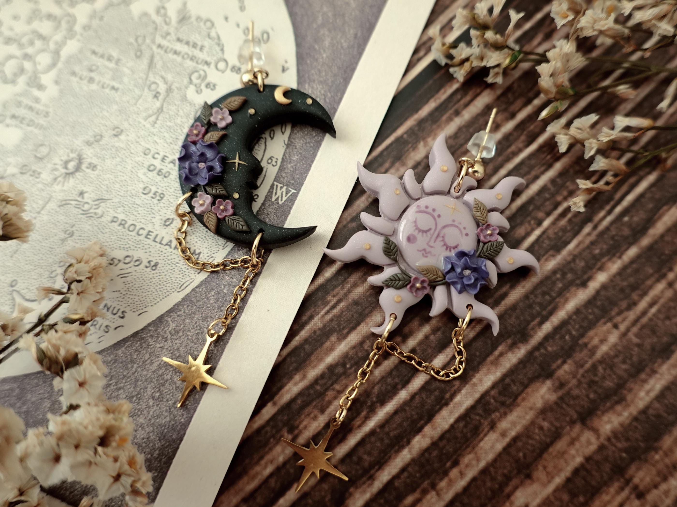 Mystical dark forest Moon and Sun earrings with Purple Flowers | Dark cottagecore witch collection | stainless steel polymer clay jewelry