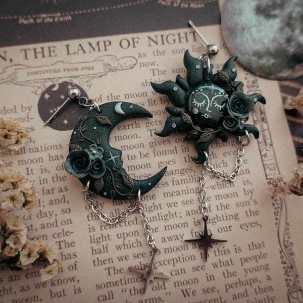 Gothic Black Moon and Sun earrings | Gothic girl collection | stainless steel polymer clay jewelry halloween skull ghost mystical night