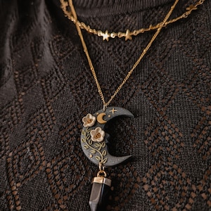 polymer clay necklace, handmade, unique gift, gothic, dark witch, tattoo, black moon cottagecore, halloween, celestial , astral , rock, stainless steel, hypoallergenic, lightweight, dark cottagecore, dark academia stones mystical pendulum