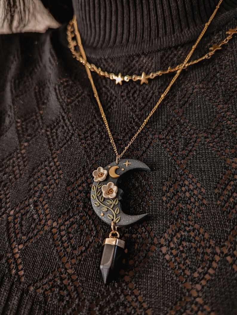 polymer clay necklace, handmade, unique gift, gothic, dark witch, tattoo, black moon cottagecore, halloween, celestial , astral , rock, stainless steel, hypoallergenic, lightweight, dark cottagecore, dark academia stones mystical pendulum