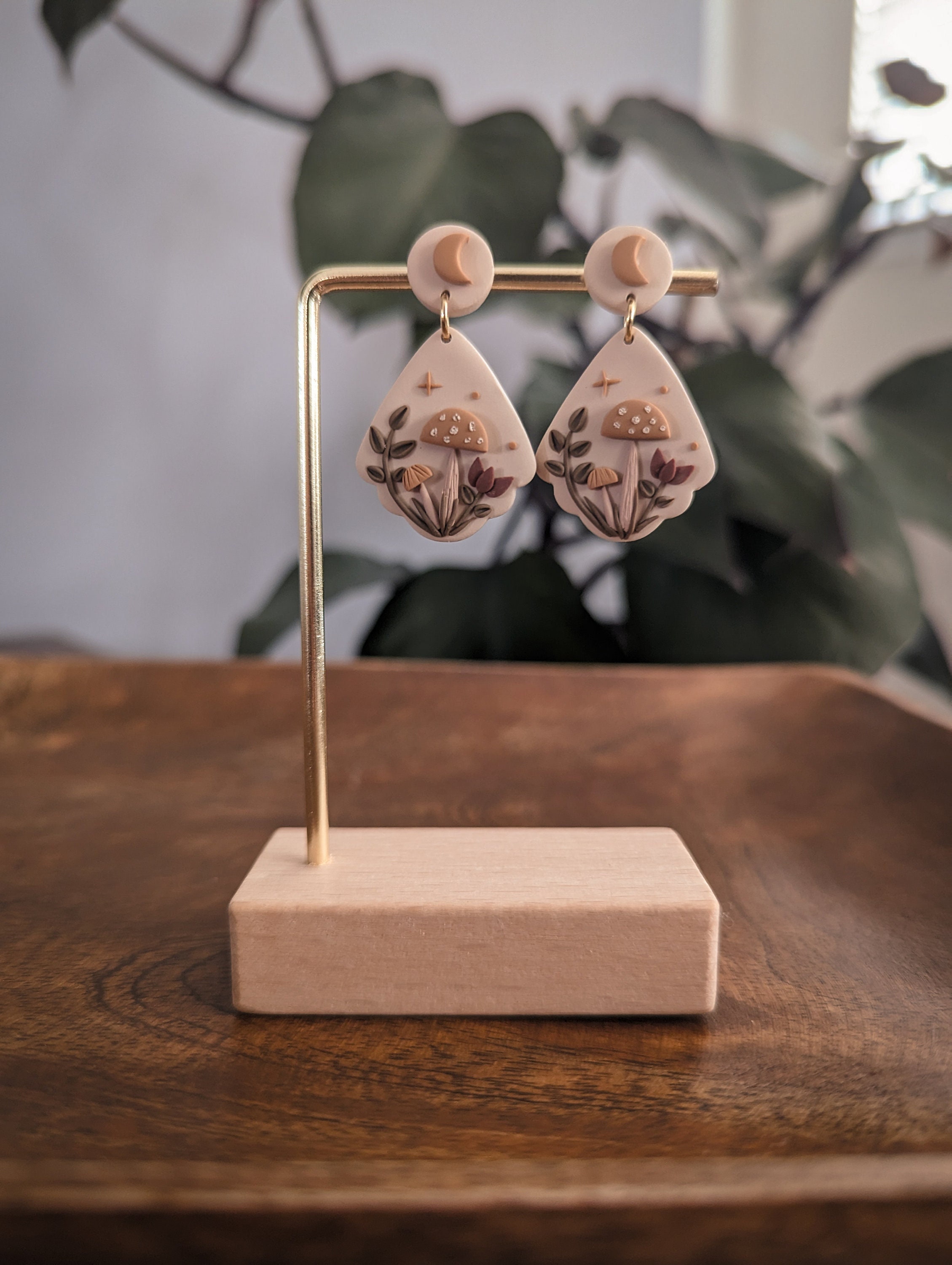 Dangles ornamental mushroom earrings | Dark cottagecore collection | moon dark forest stainless steel plated unique polymer clay jewelry