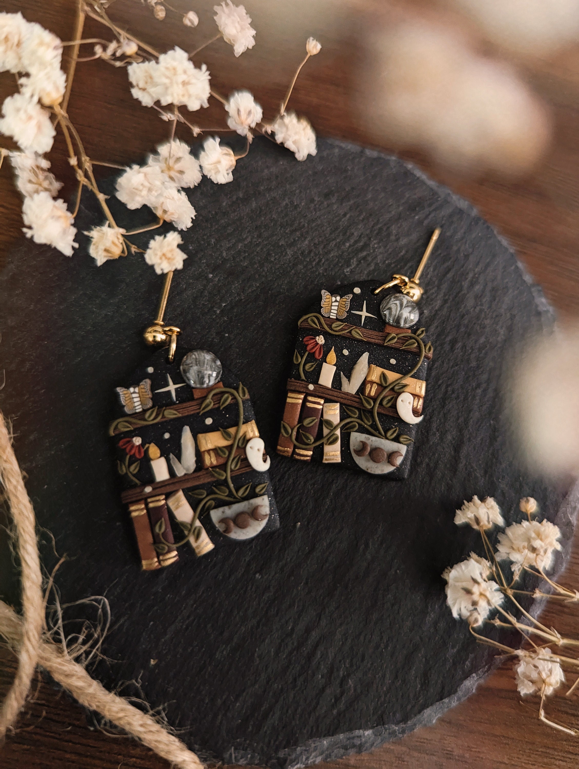 Enchanted witch bookshelf earrings | dark cottagecore moon phase spells ghost stainless steel plated unique polymer clay jewelry gothic
