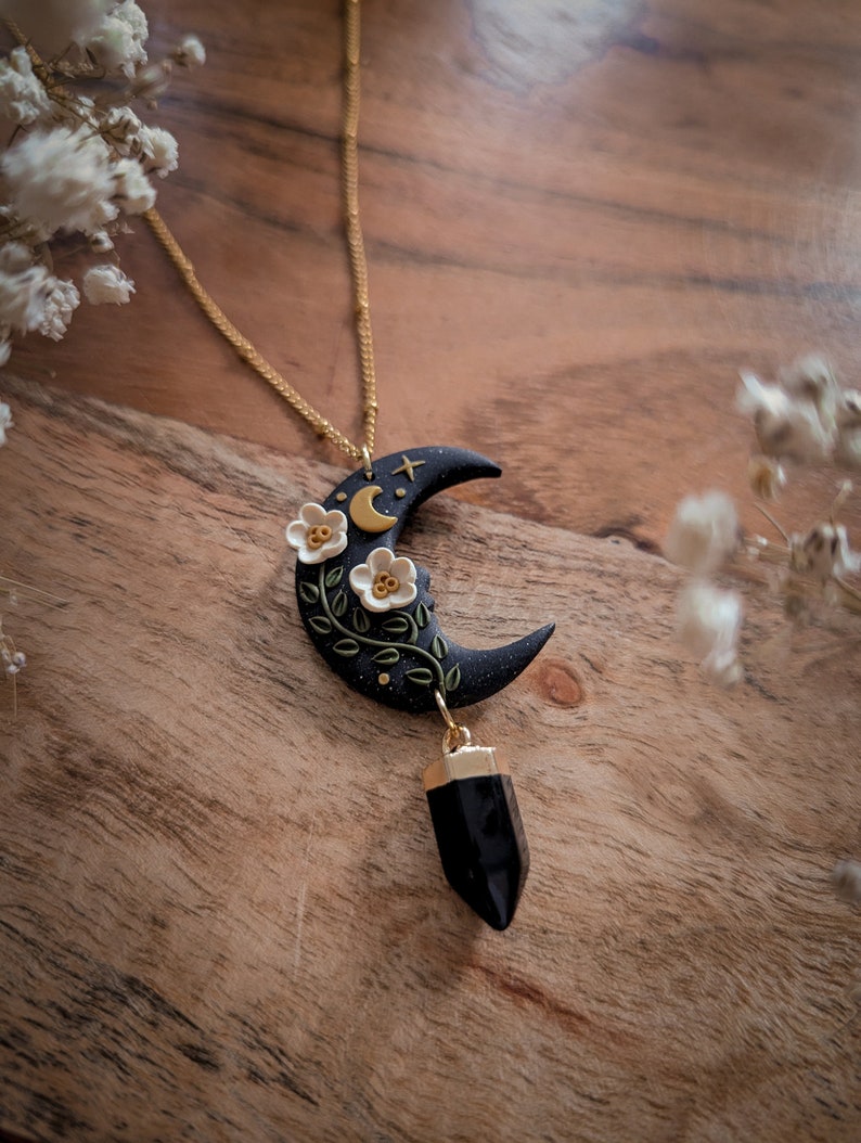 polymer clay necklace, handmade, unique gift, gothic, dark witch, tattoo, black moon cottagecore, halloween, celestial , astral , rock, stainless steel, hypoallergenic, lightweight, dark cottagecore, dark academia stones mystical pendulum