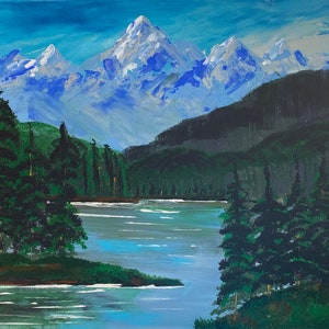 May include: An acrylic painting of a mountain landscape. The artwork depicts snow-capped mountains in the background, a serene lake in the middle ground, and lush green trees framing the scene. The sky is a mix of blue and white.