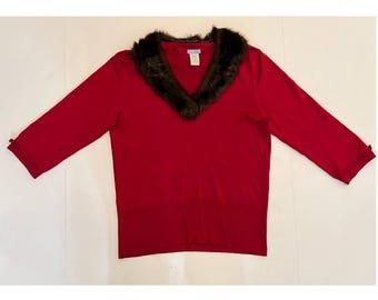 Vintage Red Sweater with Faux Fur Collar U-Knit Womens Large
