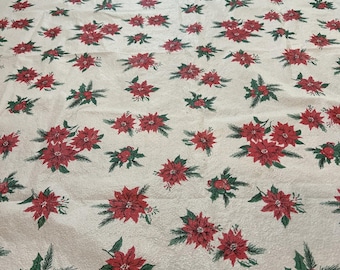 Vintage Christmas Plastic Tablecloth 71"×52" Poinsettia Flowers Nubby Texture