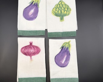 Lote VTG de 4 paños de cocina con estampado de hortalizas y apliques, estilo rústico o campestre.