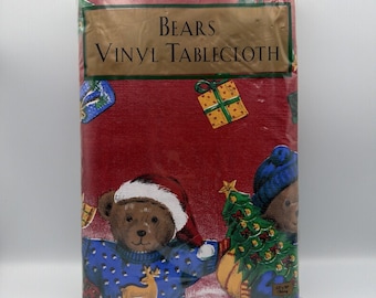 Vintage kerstberen in truien vinyl tafelkleed 52 x 90 inch rechthoek rood