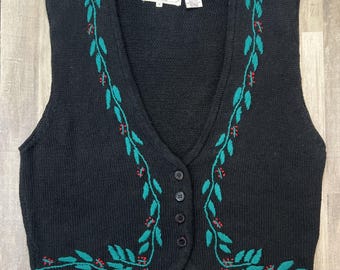VTG Bechamel Ugly Christmas Sweater Womens Medium Vest Holly Poinsettia