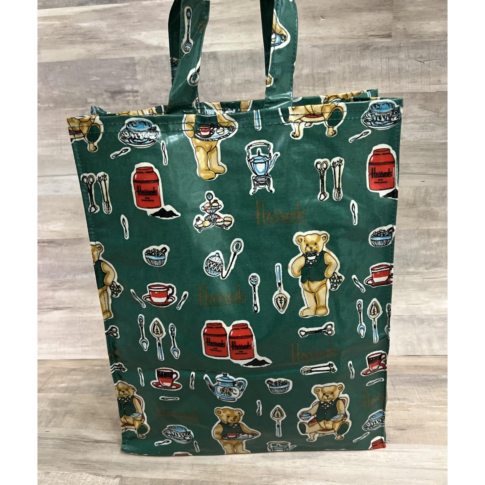 Vintage Harrods Knightsbridge Teddy Bear Green Shopping Tote PVC