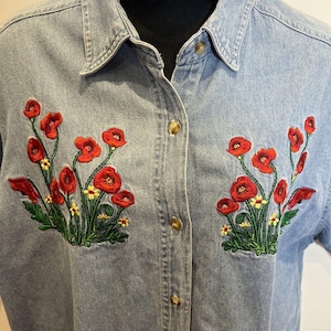 Embroidered Denim Shirt Womens Large Short Sleeve Button Up Poppy Floral Top