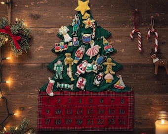 Vintage Advent Christmas Countdown Tree Inserts Brass Bells Plaid Pockets