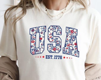 Comfort Colors© Floral USA Shirt, American Girl Shirt, Flower USA Shirt, USA Est 1776 Shirt, Girly 4th of July Shirt, Patriotic Women Shirt