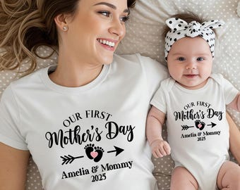 Personalised Matching Our First Mothers Day Shirt, 1st Mother Day Tee and Baby Bodysuit, Custom Mothers Day Gift, Couple New Mom