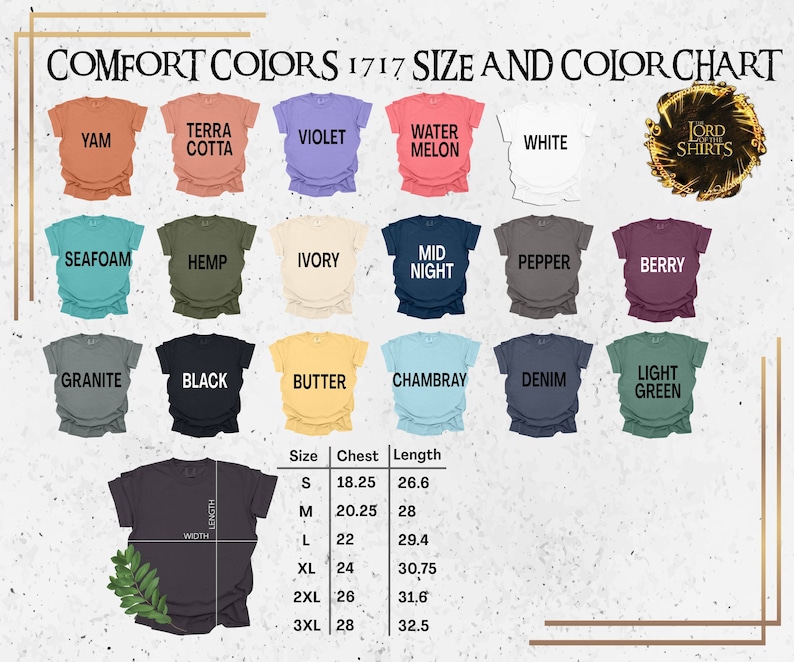 May include: A size and color chart for t-shirts from Comfort Colors. The chart shows 16 different colors of t-shirts, with the names of each color listed below the shirts. The chart also includes a size chart with measurements for chest and length in inches.
