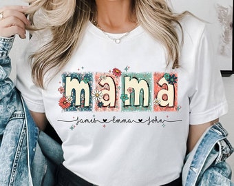 Floral Mama Shirt, Mama Flower Glitter Shirt, Mama Flower with Kids Names, Mama Doodle Shirt, Custom Mama groovy Shirt, Mother's Day Gift
