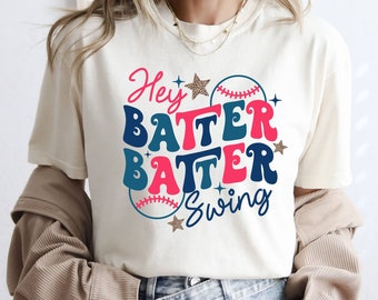 Hey Batter Batter Swing Comfort Colors© Shirt, Retro  Baseball Mom Shirt, Baseball Game Shirt, Groovy Baseball Gameday Shirt,Baseball Season