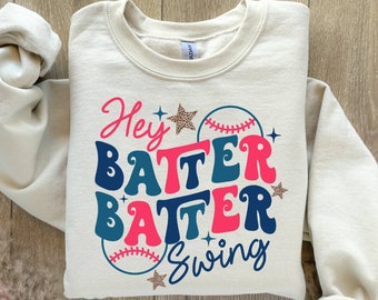 Hey Batter Batter Swing Sweatshirt, Retro  Baseball Mom Sweater,  Baseball Game Sweatshirt, Groovy Baseball Gameday Sweater, Baseball Season