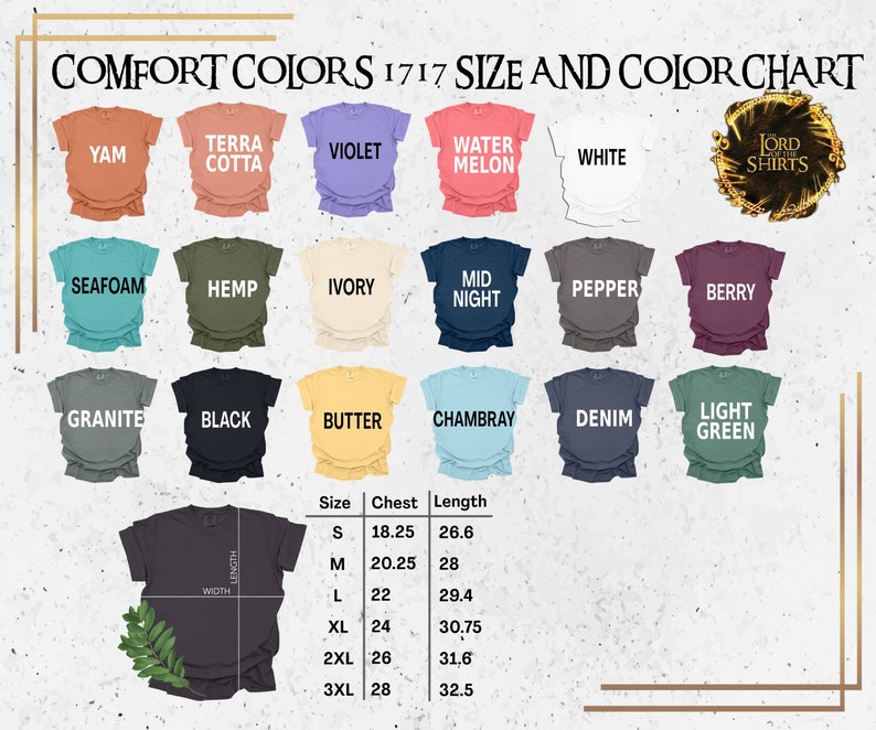 May include: A size and color chart for t-shirts in various colors, including yam, terra cotta, violet, water melon, white, seafoam, hemp, ivory, mid night, pepper, berry, granite, black, butter, Chambray, denim, and light green. The chart includes a size guide with chest and length measurements in inches for sizes S, M, L, XL, 2XL, and 3XL.