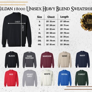 May include: A black Gildan 18000 Unisex Heavy Blend Sweatshirt with size and color options. The image displays chest measurements from 20 inches (51 cm) to 32 inches (81 cm) and length measurements from 27 inches (69 cm) to 33 inches (84 cm). Color options include black, dark heather, maroon, sand, navy, red, sport grey, white, royal, and forest.