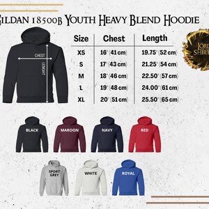 May include: A black youth heavy blend hoodie with size and measurement details. The image shows the chest and length measurements in inches and centimeters. Additional colors include maroon, navy, red, sport grey, white, and royal.