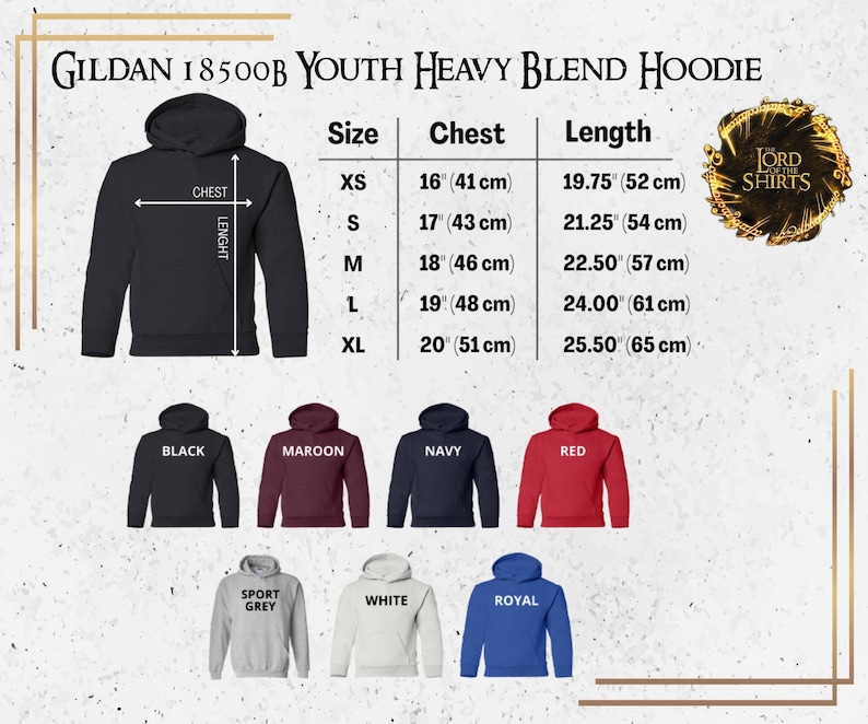 May include: A black youth heavy blend hoodie with size and measurement details. The image shows the chest and length measurements in inches and centimeters. Additional colors include maroon, navy, red, sport grey, white, and royal.