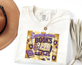 Summerween Books and Brews Comfort Colors© Shirt, Halloween Book Lover Tee, Spooky Bookish Tshirt, Retro Halloween Reading Gift
