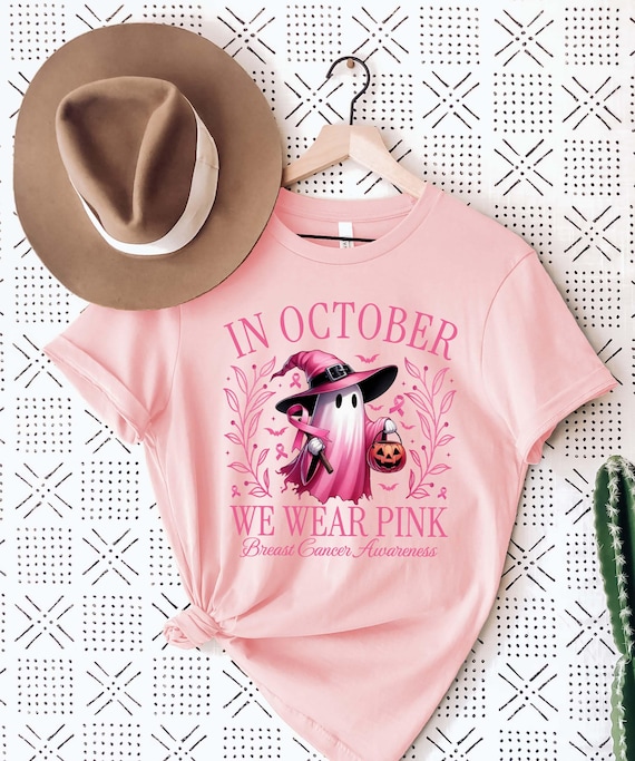 In October We Wear Pink Ghost Shirt, Halloween in October We Wear Pink Breast Cancer Awareness Shirt,  Pink Ribbon Wear Pink Pumpkin T shirt