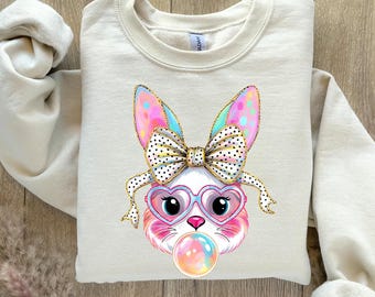 Bunny with Heart Glasses Sweatshirt, Coquette Bow Easter Bunny Sweatshirt, Easter Bunny Sweatshirt, Easter Rabbit Sweater, Easter Day Gift