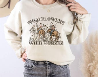 Wild Flowers Wild Horses Western Sweater, Trendy Cowgirl Aesthetic Pullover