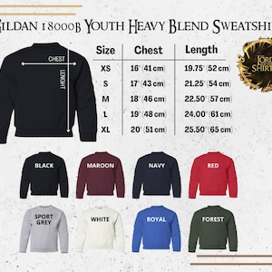 May include: A black Gildan 18000B Youth Heavy Blend sweatshirt with size and measurement details. The image shows various sweatshirt colors: black, maroon, navy, red, sport grey, white, royal, and forest. Chest measurements range from 16" (41 cm) to 20" (51 cm).
