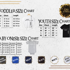May include: Size charts for toddler, youth, and baby onesie apparel. The charts display chest, length, and width measurements in inches and centimeters. Color options include dark heather, royal, navy, black, white, and sport grey.