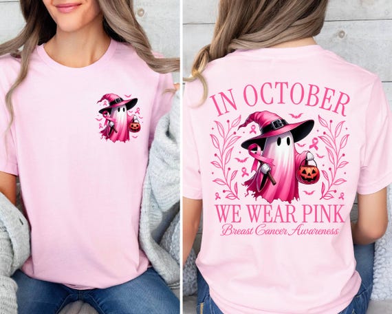 In October We Wear Pink Ghost Shirt, Halloween in October We Wear Pink, Breast Cancer Awareness Shirt,  Pink Ribbon Shirt, Wear Pink Pumpkin