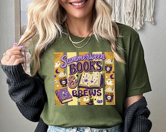 Summerween Books and Brews Shirt, Halloween Book Lover Tee, Spooky Bookish Tshirt, Retro Halloween Reading Gift, Iced Coffee Reader Tee