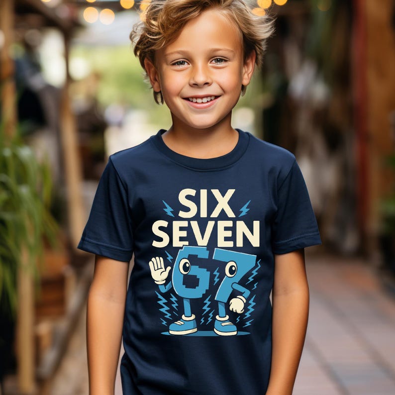 May include: Navy blue t-shirt with the words "SIX SEVEN" and the number "67" in a cartoon style. The number "6" has arms and legs, and the number "7" has legs. The shirt is worn by a smiling child.